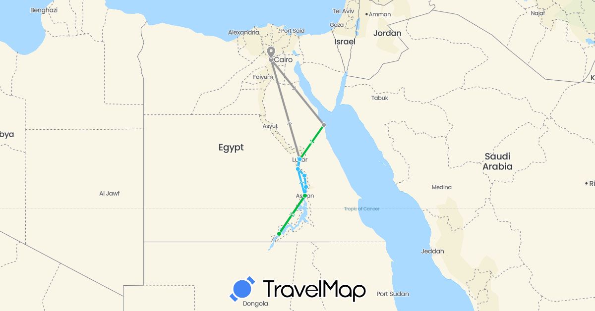 TravelMap itinerary: driving, bus, plane, boat in Egypt (Africa)